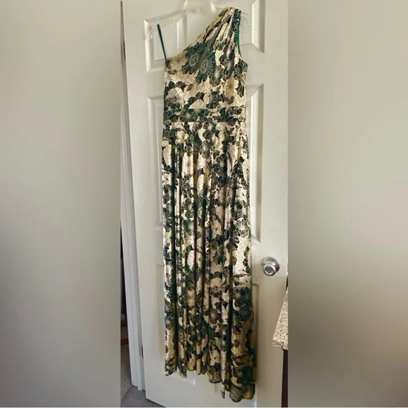 Betsy & Adam One-Shoulder Gold & Black Gown Dress Green Metallic Sheen Size 10 - Picture 4 of 9